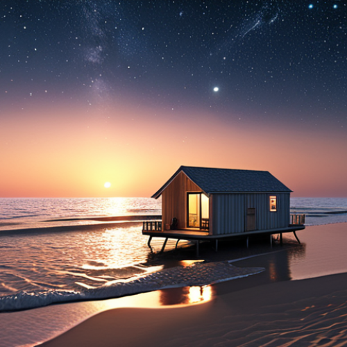 Home 11 A serene, secluded beach at sunset. A floating home is anchored just offshore, softly lit from within, with gentle waves lapping against the shore. The sky is filled with stars.