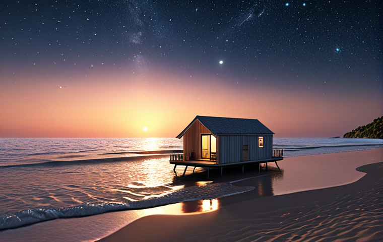 A serene, secluded beach at sunset. A floating home is anchored just offshore, softly lit from within, with gentle waves lapping against the shore. The sky is filled with stars.