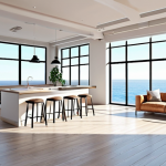 **

A bright, spacious, open-concept living area inside an offshore platform residence. Large windows and skylights flood the room with natural light. Minimalist furniture with a home cafe setup.

**