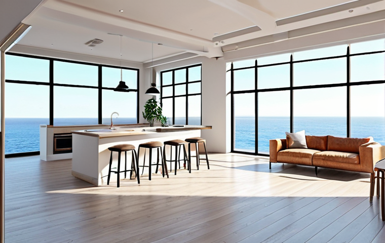 **
A bright, spacious, open-concept living area inside an offshore platform residence. Large windows and skylights flood the room with natural light. Minimalist furniture with a home cafe setup.
**